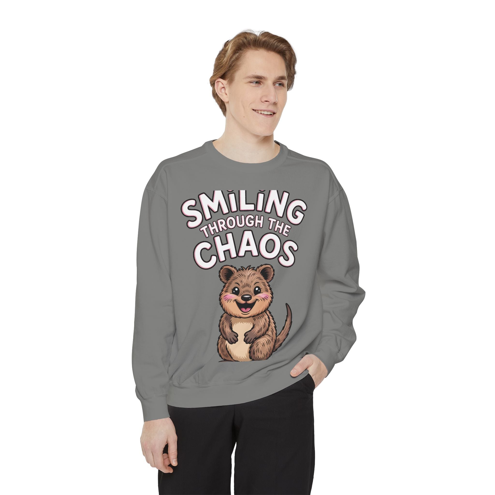 Smiling Through The Chaos Quokka Sweatshirt, Cute Embroidered-Look Crewneck, Funny Quokka Lover Gift, Positive Vibes Pullover