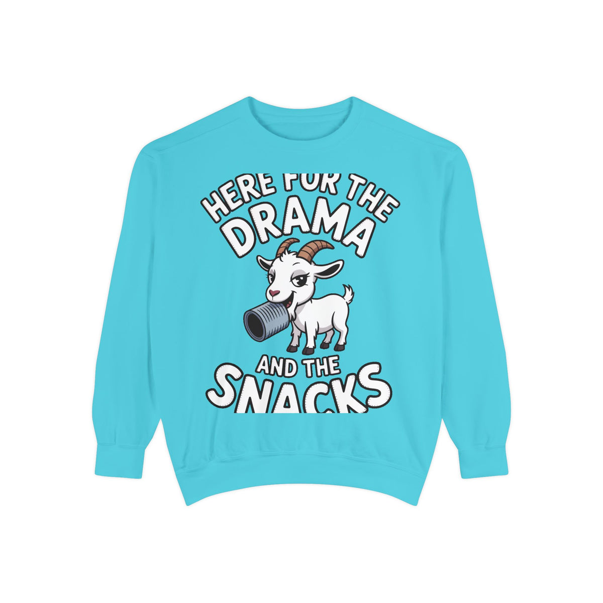 Funny Goat Sweatshirt, Here For The Drama And The Snacks Crewneck, Cute Goat Lover Gift, Embroidered Patch Style Sweatshirt
