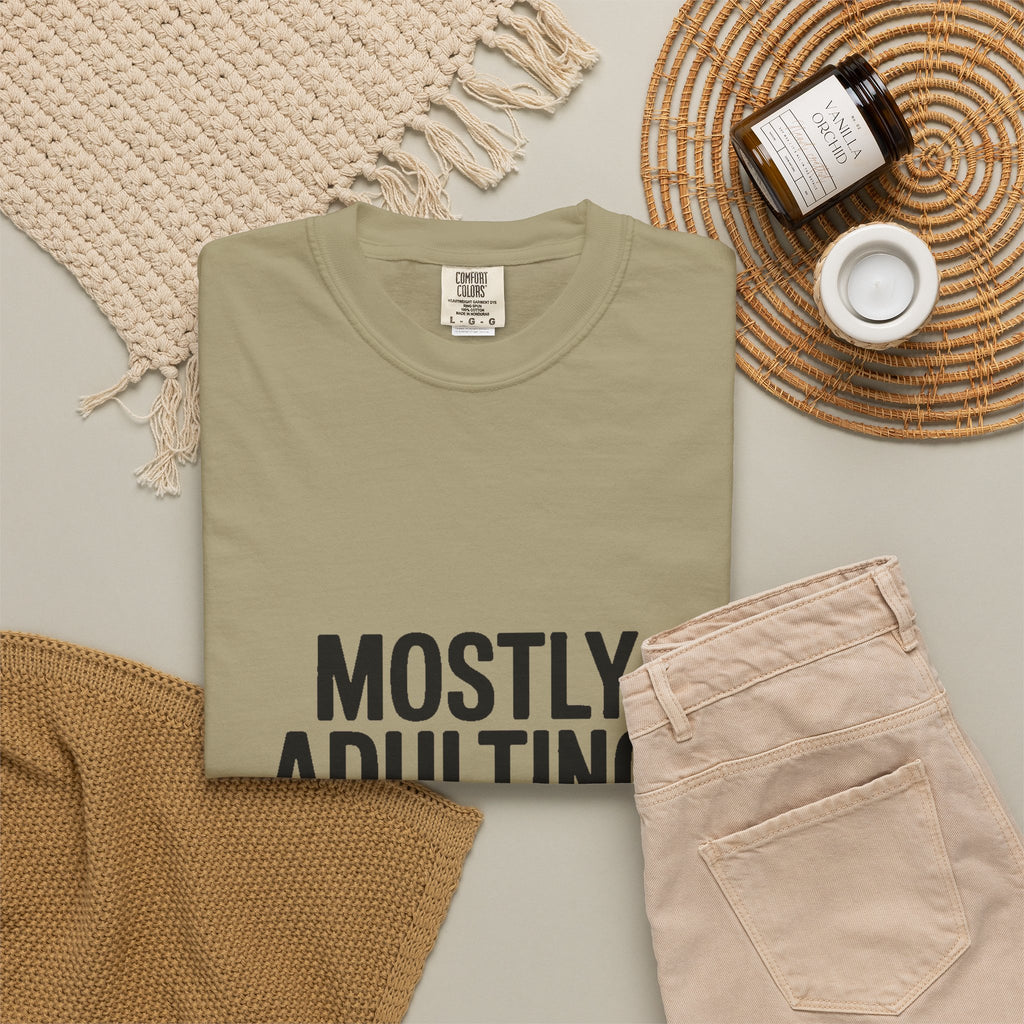 Mostly Adulting Partially Thriving Shirt, Funny Adulting T-Shirt, Sarcastic Quote Tee, Minimalist Typography Gift for Coworker