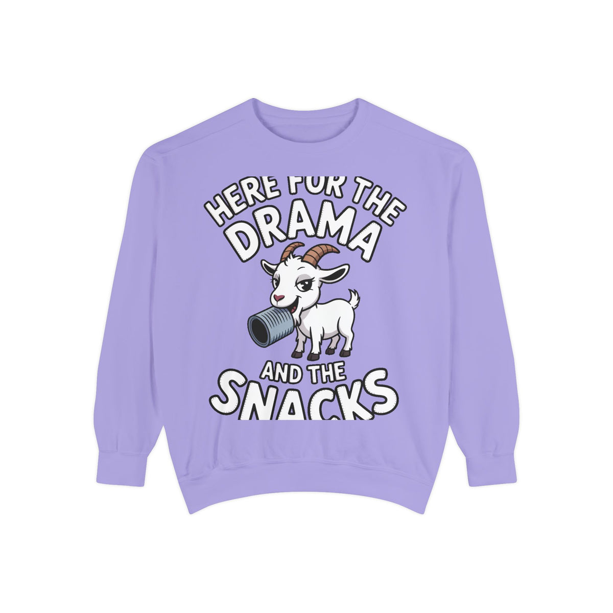 Funny Goat Sweatshirt, Here For The Drama And The Snacks Crewneck, Cute Goat Lover Gift, Embroidered Patch Style Sweatshirt
