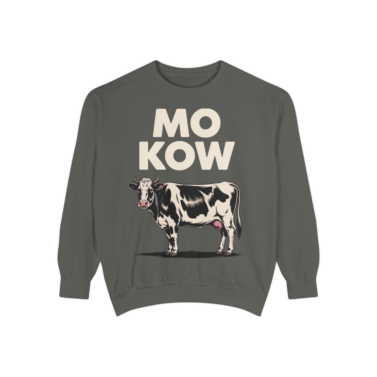 Mo Kow Funny Cow Sweatshirt, Absurd Meme Crewneck, Deadpan Farm Animal Embroidered Sweatshirt, Funny Cow Lover Gift