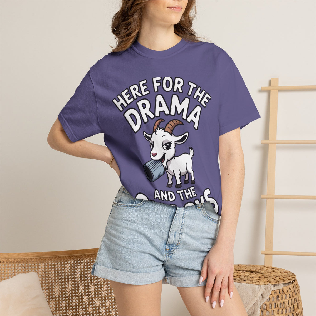 Funny Goat Shirt, Here For The Drama And The Snacks T-Shirt, Cute Goat Lover Gift, Sarcastic Farm Animal Tee