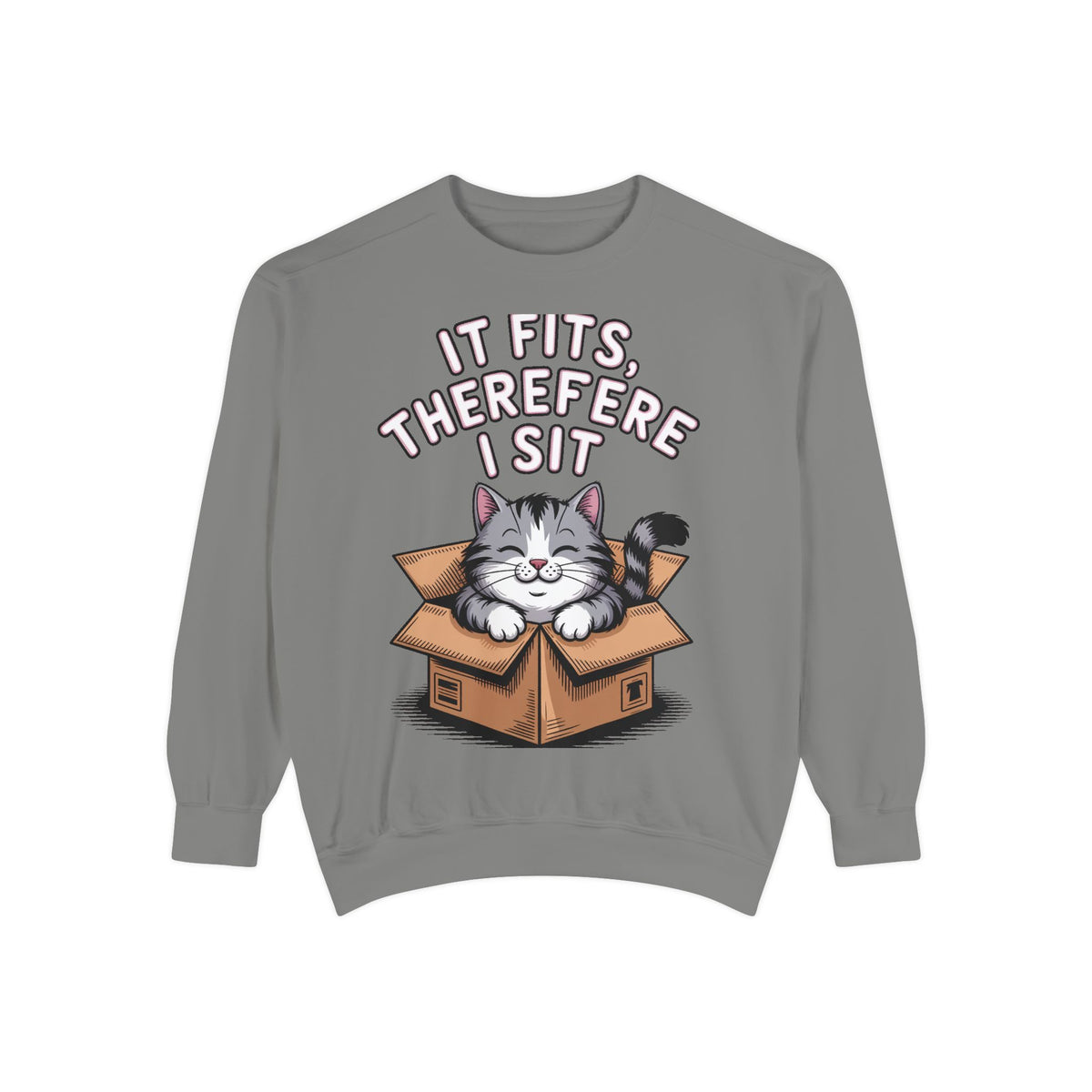 Funny Cat Sweatshirt, It Fits Therefore I Sit Crewneck, Cat In Box Embroidered Sweatshirt, Cat Lover Gift, Funny Cat Lover Sweater