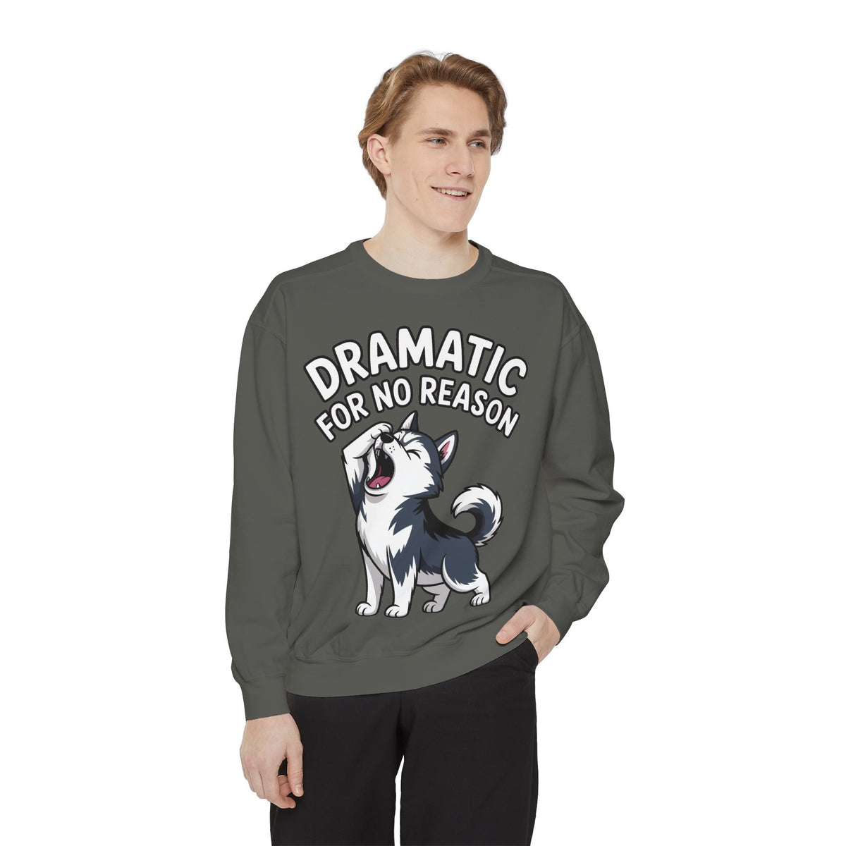 Dramatic Husky Sweatshirt, Funny Dog Lover Crewneck, Cute Cartoon Husky Embroidered Patch Style Sweatshirt, Gift for Husky Mom