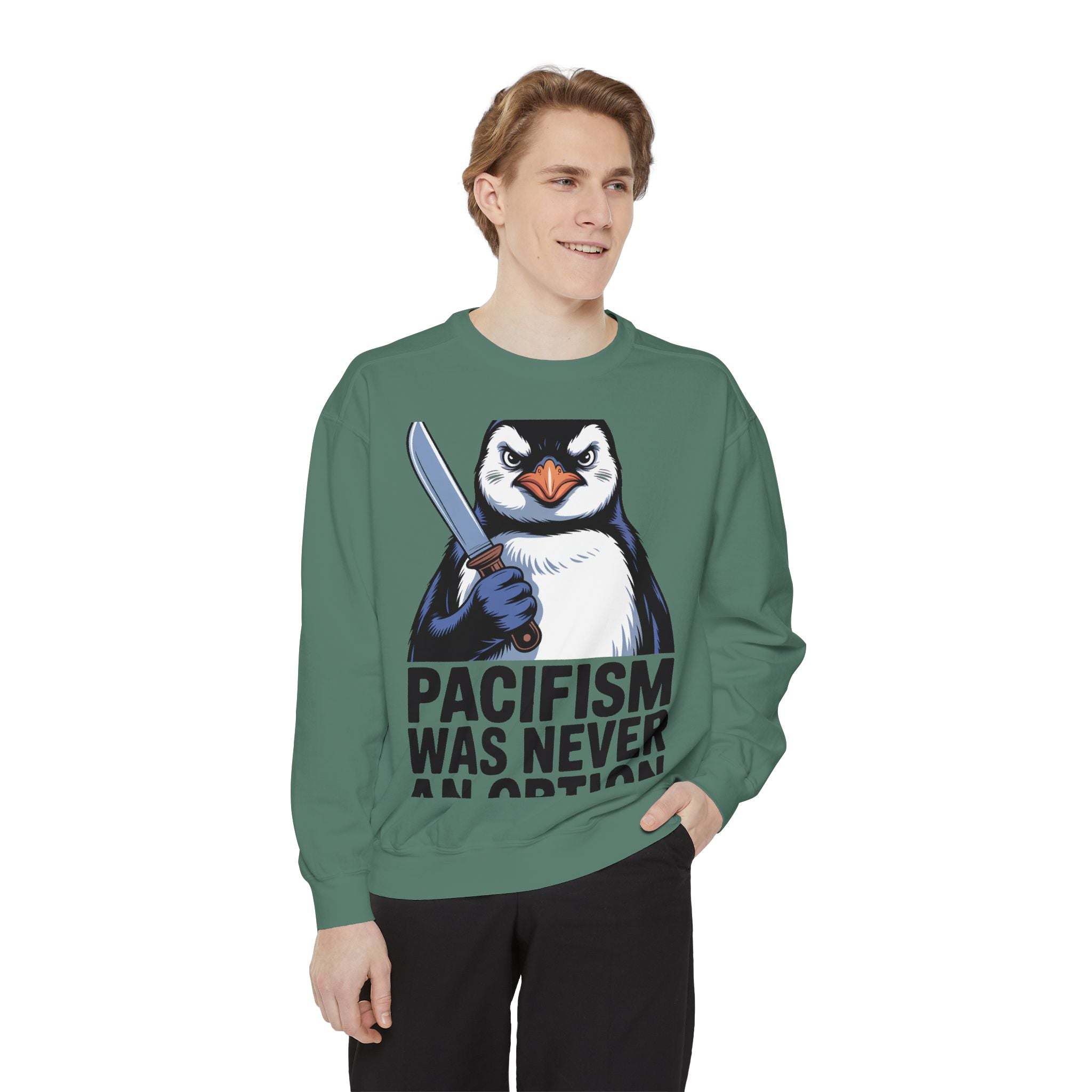 Pacifism Was Never An Option Penguin Sweatshirt, Funny Butter Knife Penguin Crewneck, Vintage Poster Style Graphic Sweatshirt Gift