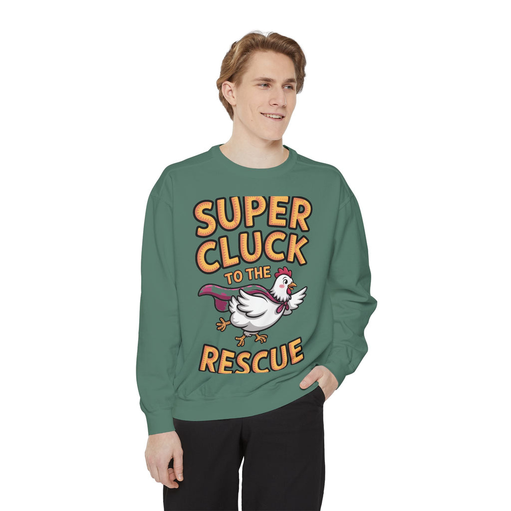 Super Cluck To The Rescue Sweatshirt, Funny Superhero Chicken Crewneck, Cute Chicken Lover Gift, Garment Dyed Embroidered Sweatshirt