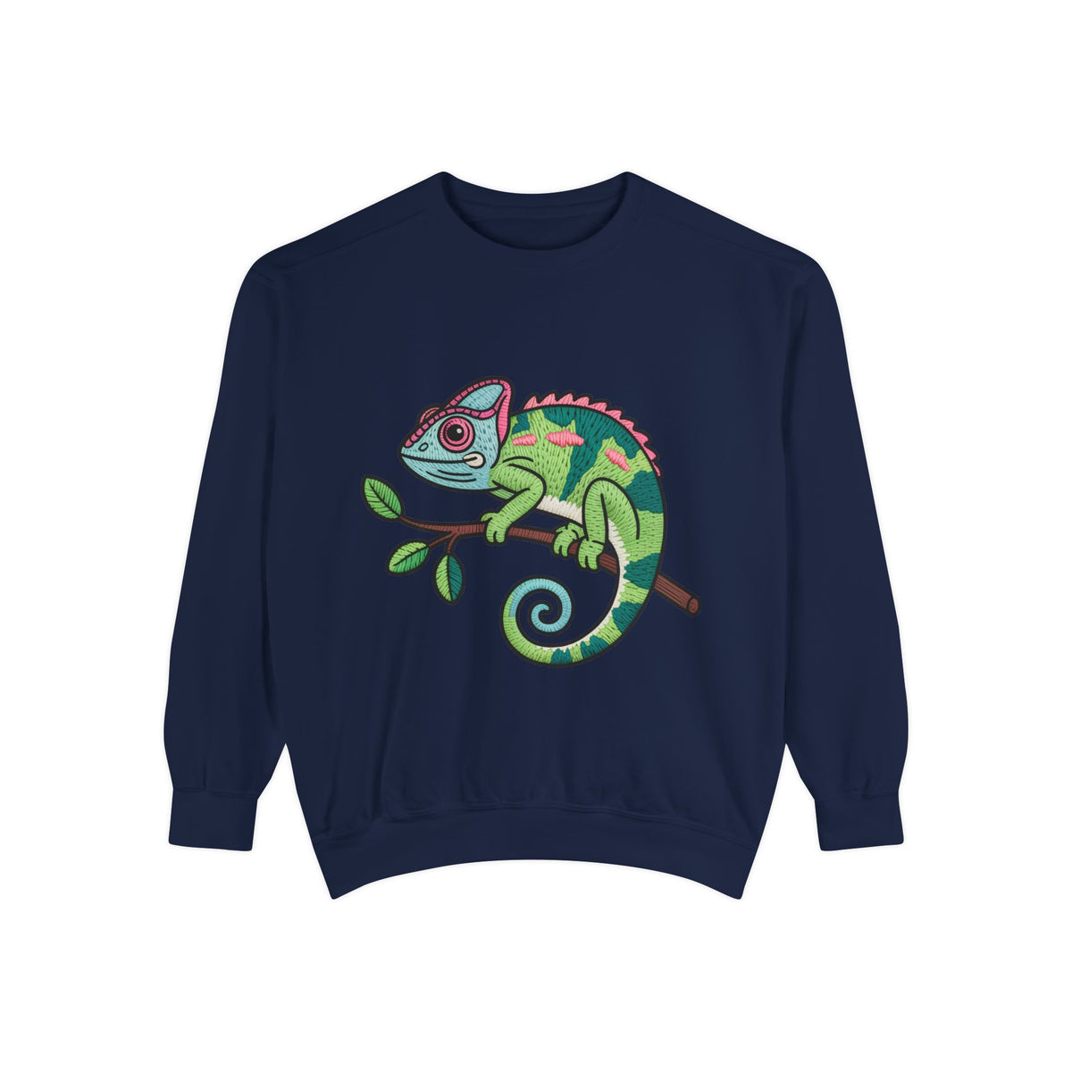 Chameleon Sweatshirt, Cute Embroidered Patch Style Crewneck, Reptile Lover Gift, Garment Dyed Sweatshirt for Nature Lovers