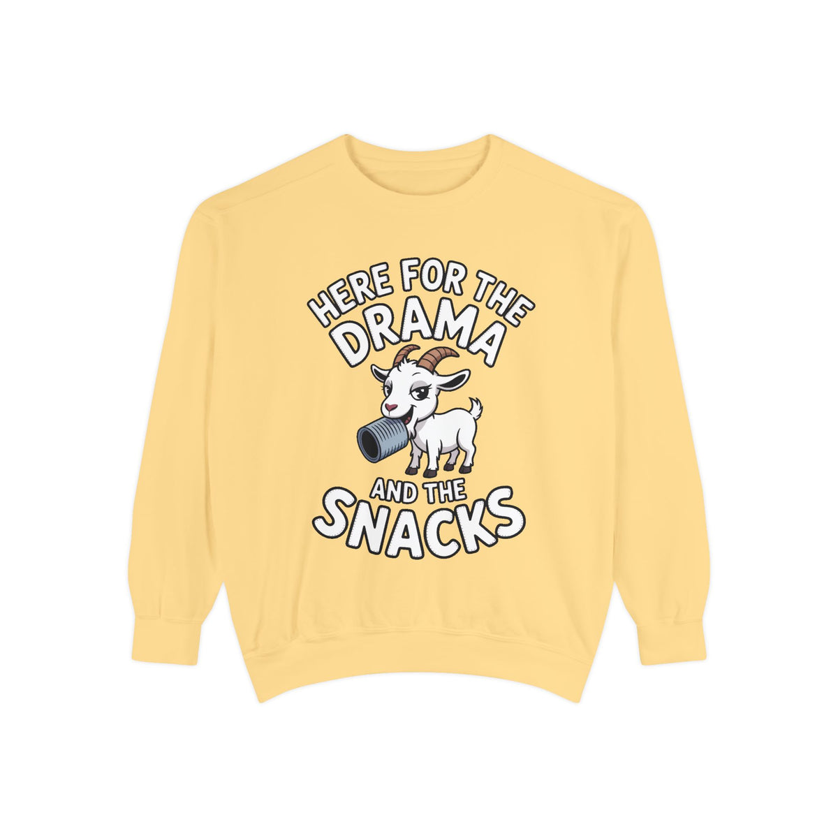 Funny Goat Sweatshirt, Here For The Drama And The Snacks Crewneck, Cute Goat Lover Gift, Embroidered Patch Style Sweatshirt