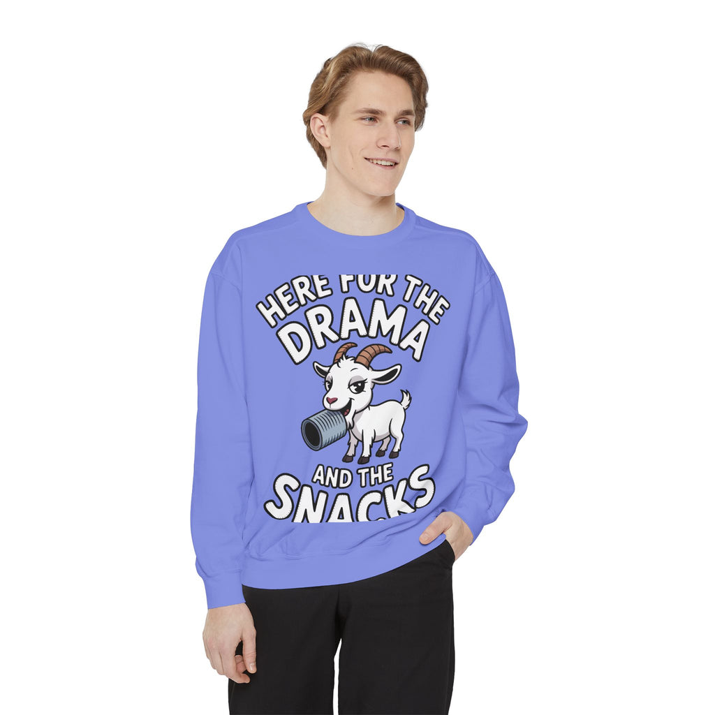 Funny Goat Sweatshirt, Here For The Drama And The Snacks Crewneck, Cute Goat Lover Gift, Embroidered Patch Style Sweatshirt
