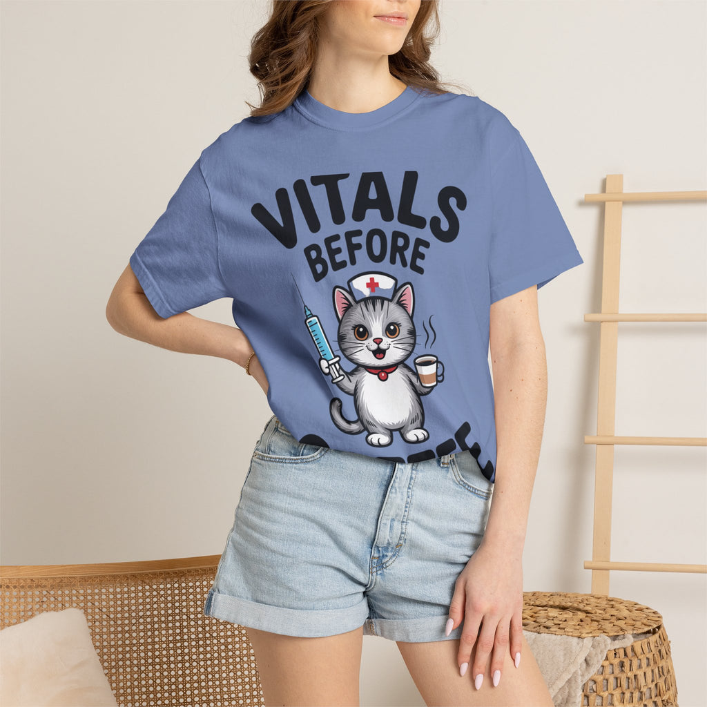 Vitals Before Coffee Nurse Shirt, Funny Nurse Cat T-Shirt, Cute Nurse Gift, Nursing Student Shirt, RN Coffee Lover Tee