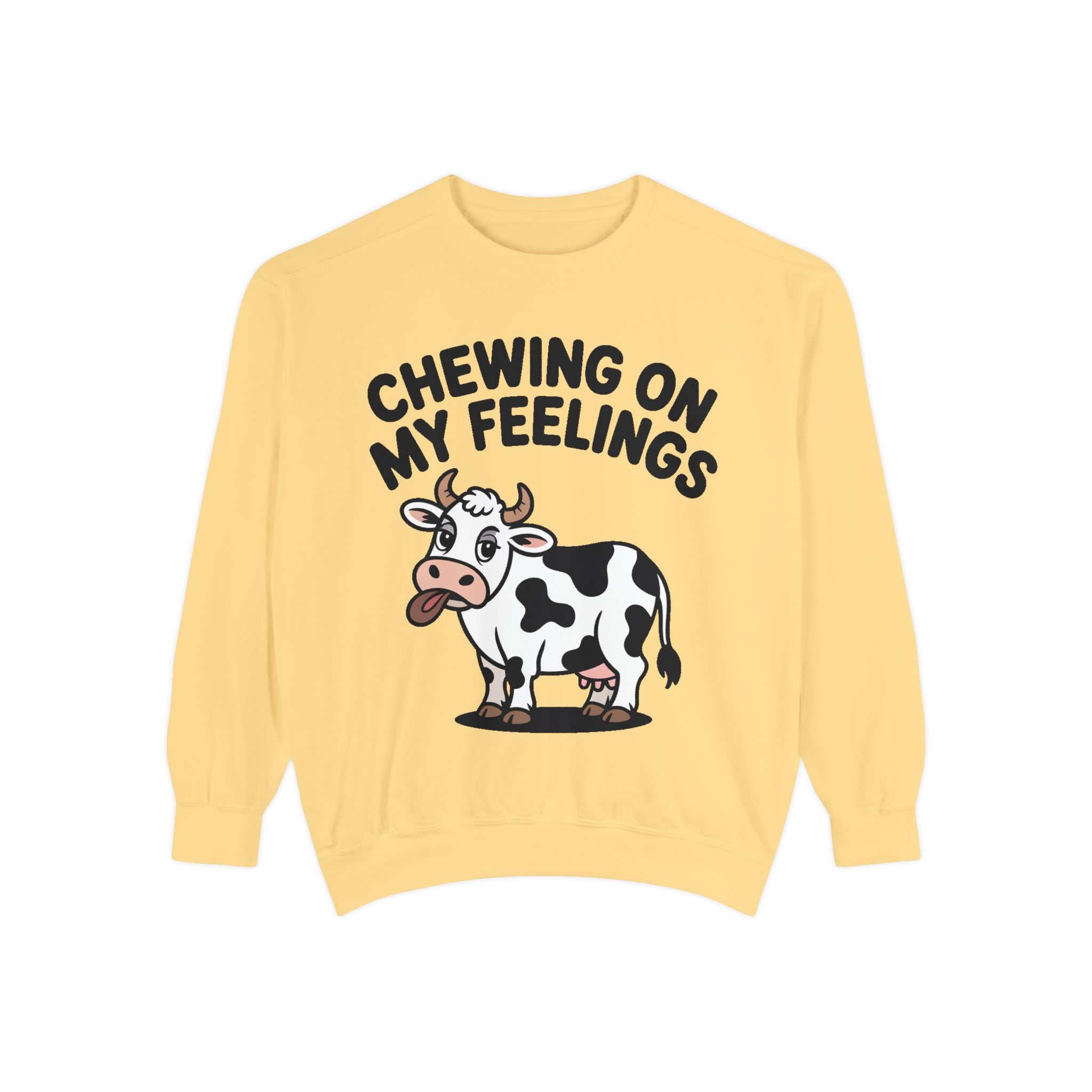 Chewing On My Feelings Sweatshirt, Funny Cow Crewneck, Cute Cow Lover Gift, Embroidered Style Cow Sweatshirt, Funny Farm Animal Shirt