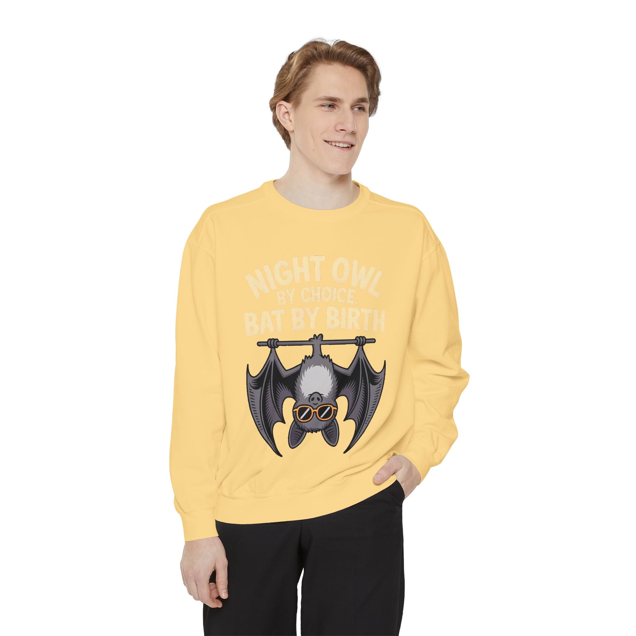 Night Owl By Choice Bat Sweatshirt, Funny Bat Lover Crewneck, Cute Halloween Sweatshirt, Embroidered Patch Style Bat Shirt Gift