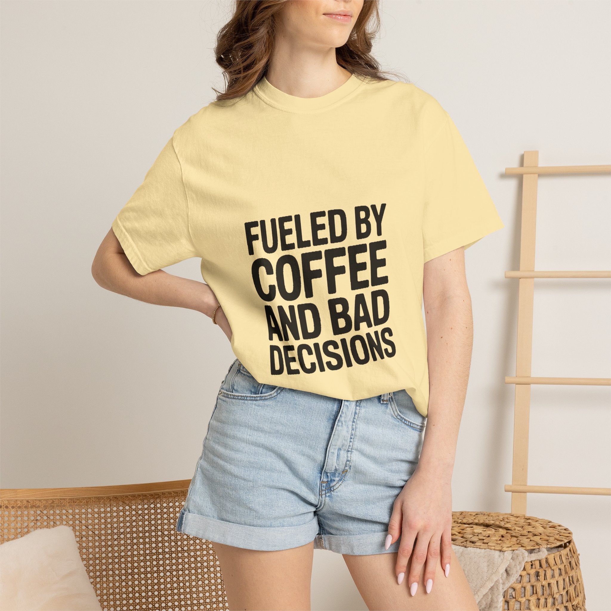 Fueled By Coffee And Bad Decisions Shirt, Funny Coffee Lover Tee, Sarcastic Quote T-Shirt, Bold Typography Graphic Tee