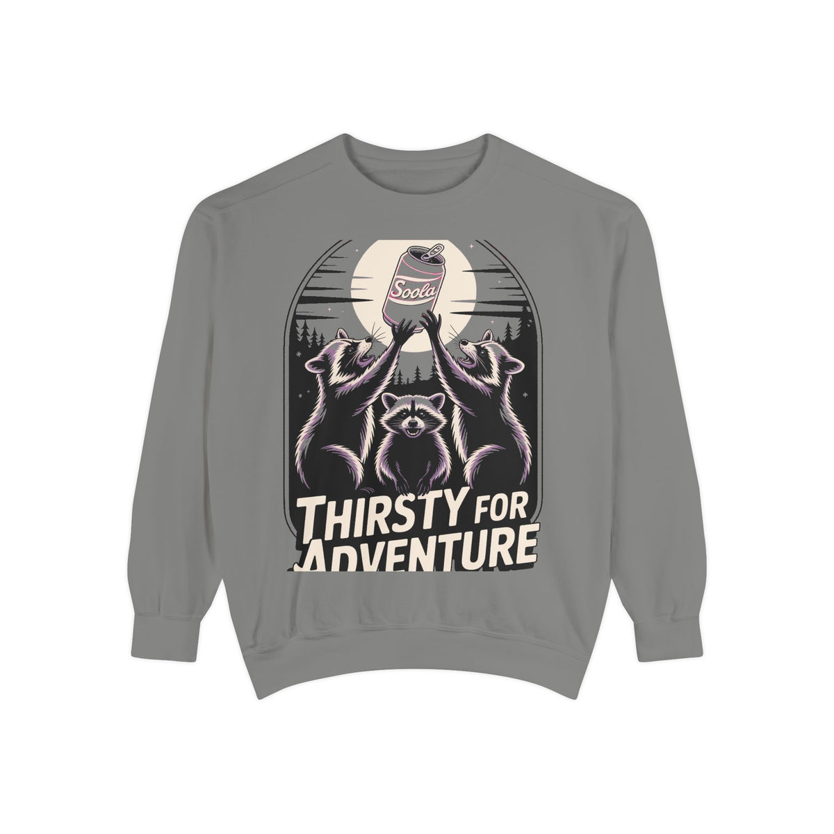 Thirsty For Adventure Raccoons Sweatshirt, Funny Vintage Poster Crewneck, Retro Raccoon Graphic Sweatshirt Gift