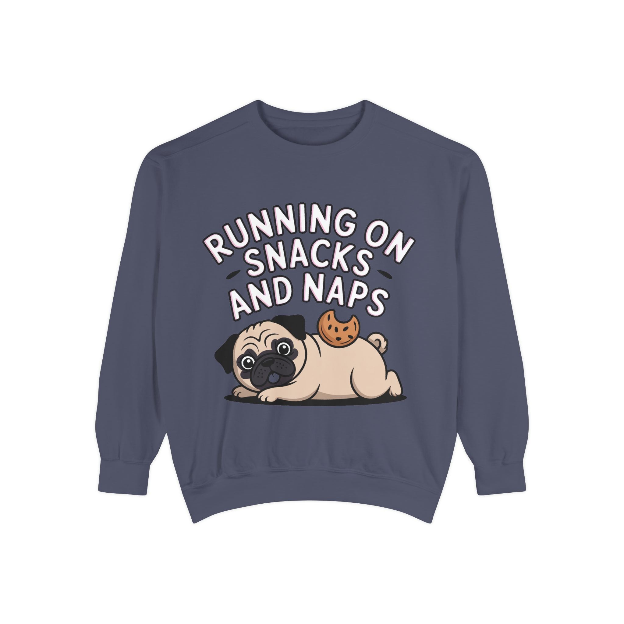 Pug Sweatshirt, Funny Running On Snacks And Naps Crewneck, Cute Pug Lover Gift, Embroidered Patch Style Dog Sweater
