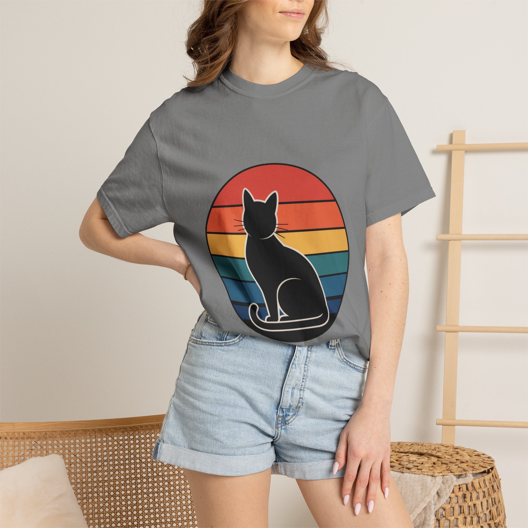 Retro Sunset Cat Badge T-Shirt