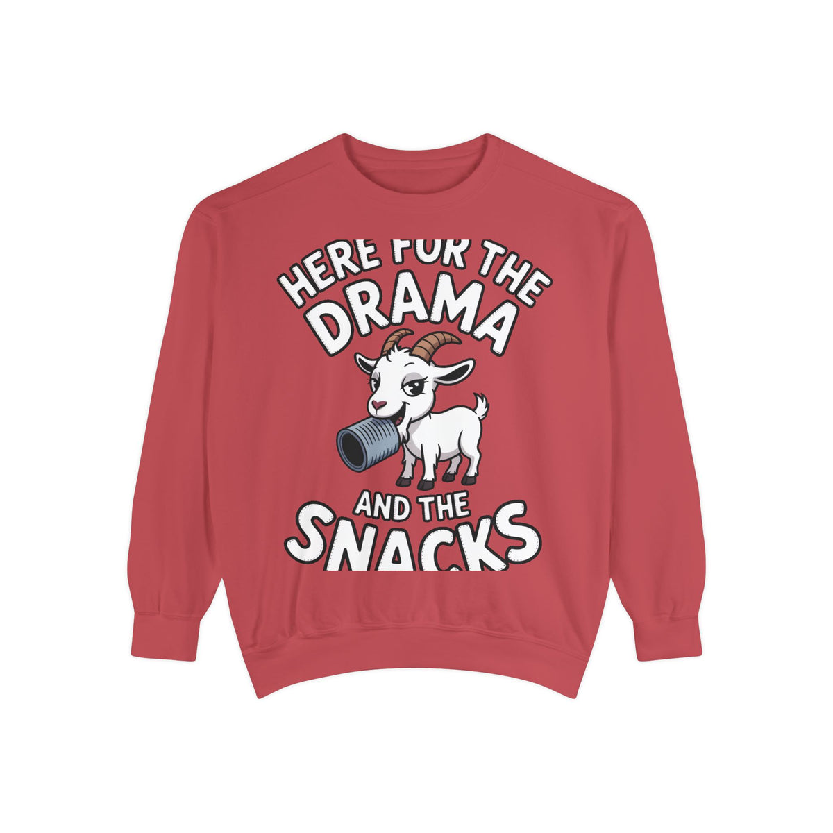 Funny Goat Sweatshirt, Here For The Drama And The Snacks Crewneck, Cute Goat Lover Gift, Embroidered Patch Style Sweatshirt