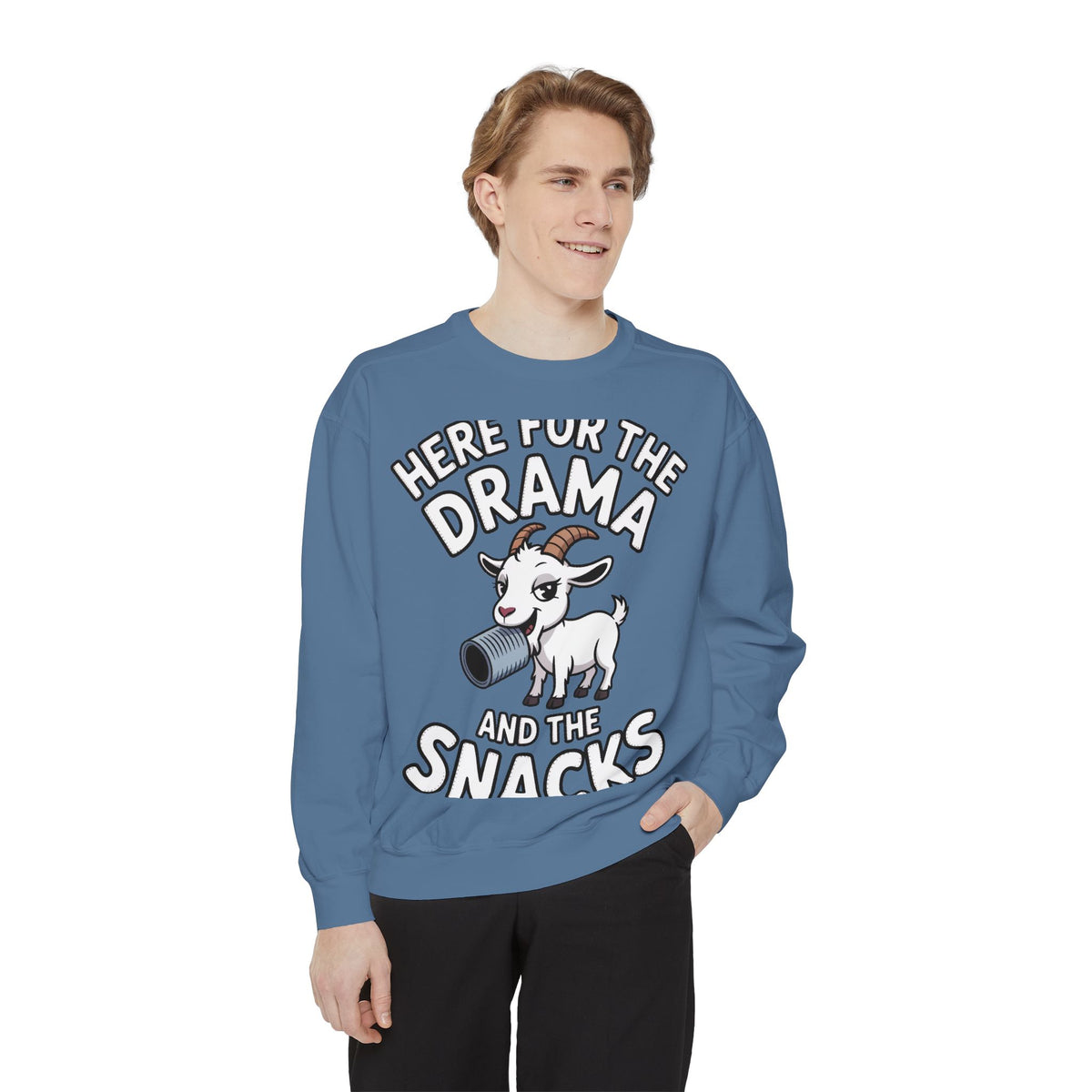 Funny Goat Sweatshirt, Here For The Drama And The Snacks Crewneck, Cute Goat Lover Gift, Embroidered Patch Style Sweatshirt