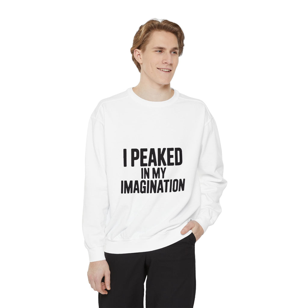 I Peaked In My Imagination Sweatshirt, Funny Sarcastic Crewneck, Bold Typography Embroidered Sweatshirt, Daydreamer Gift
