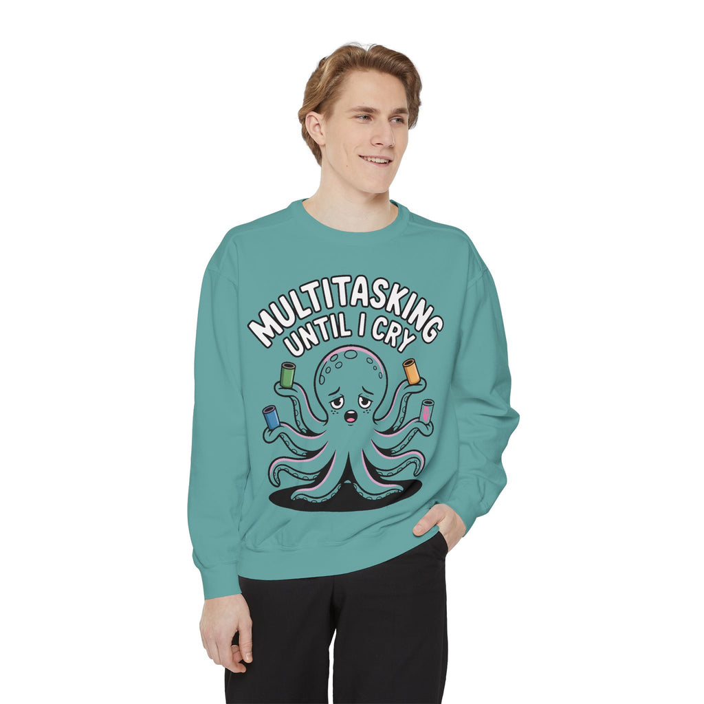 Multitasking Octopus Sweatshirt, Funny Stressed Octopus Crewneck, Embroidery-Patch Style Sweatshirt, Busy Mom Gift, Work Humor Pullover