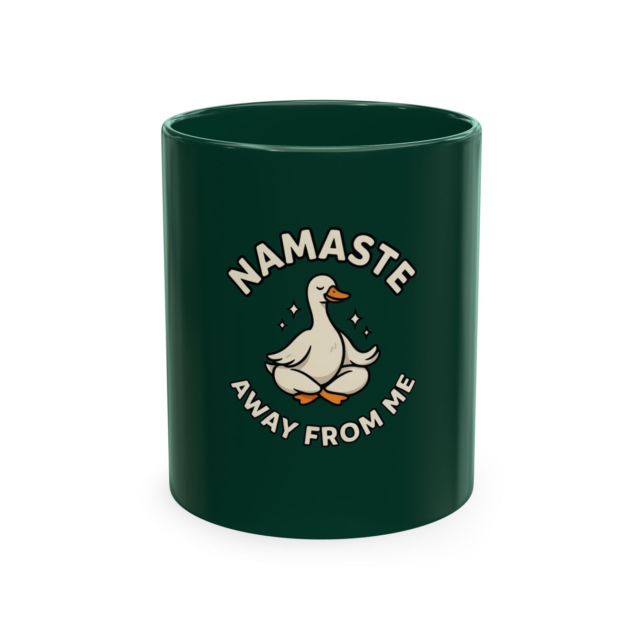 Namaste Away From Me Ceramic Mug — Funny Yoga Duck Coffee Cup