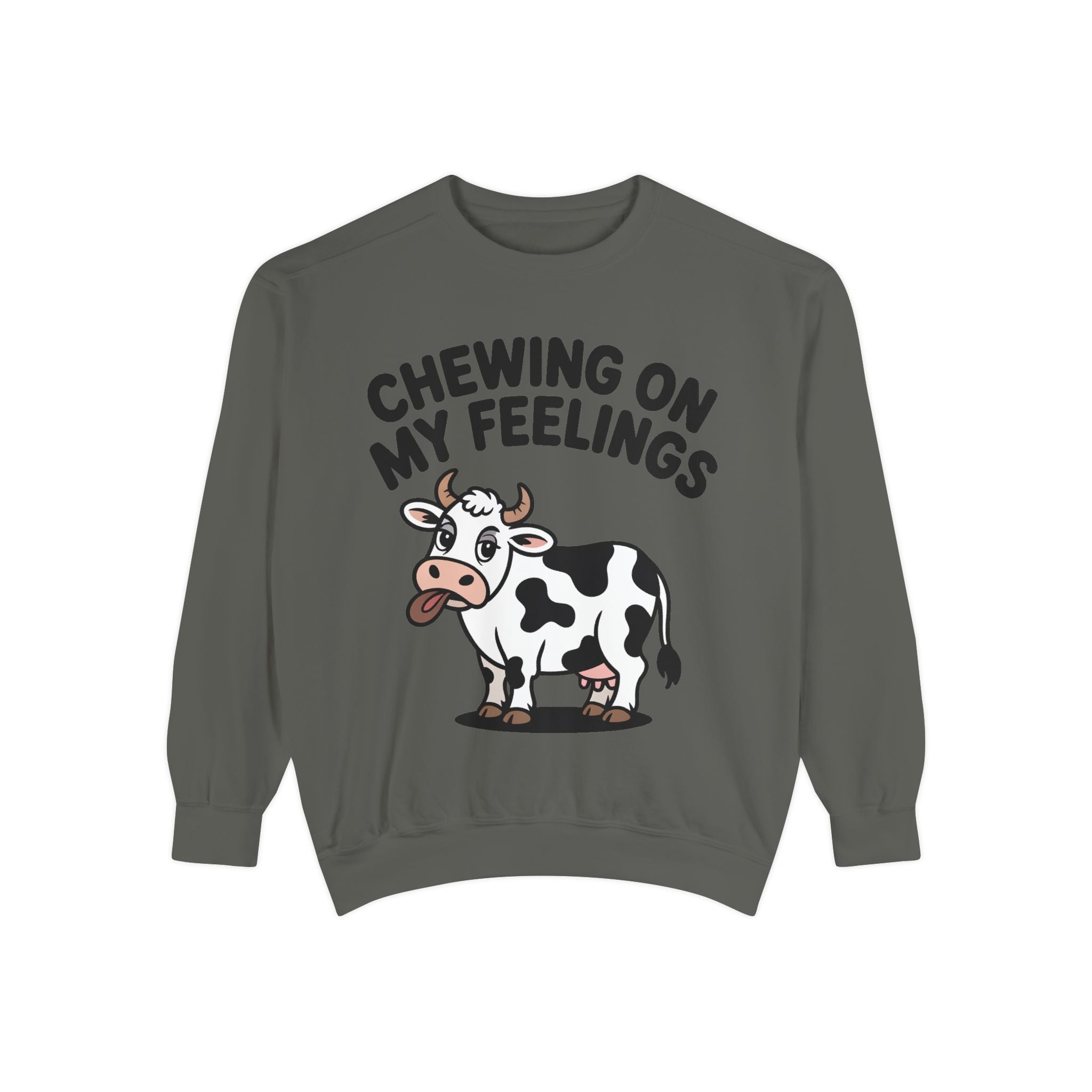 Chewing On My Feelings Sweatshirt, Funny Cow Crewneck, Cute Cow Lover Gift, Embroidered Style Cow Sweatshirt, Funny Farm Animal Shirt
