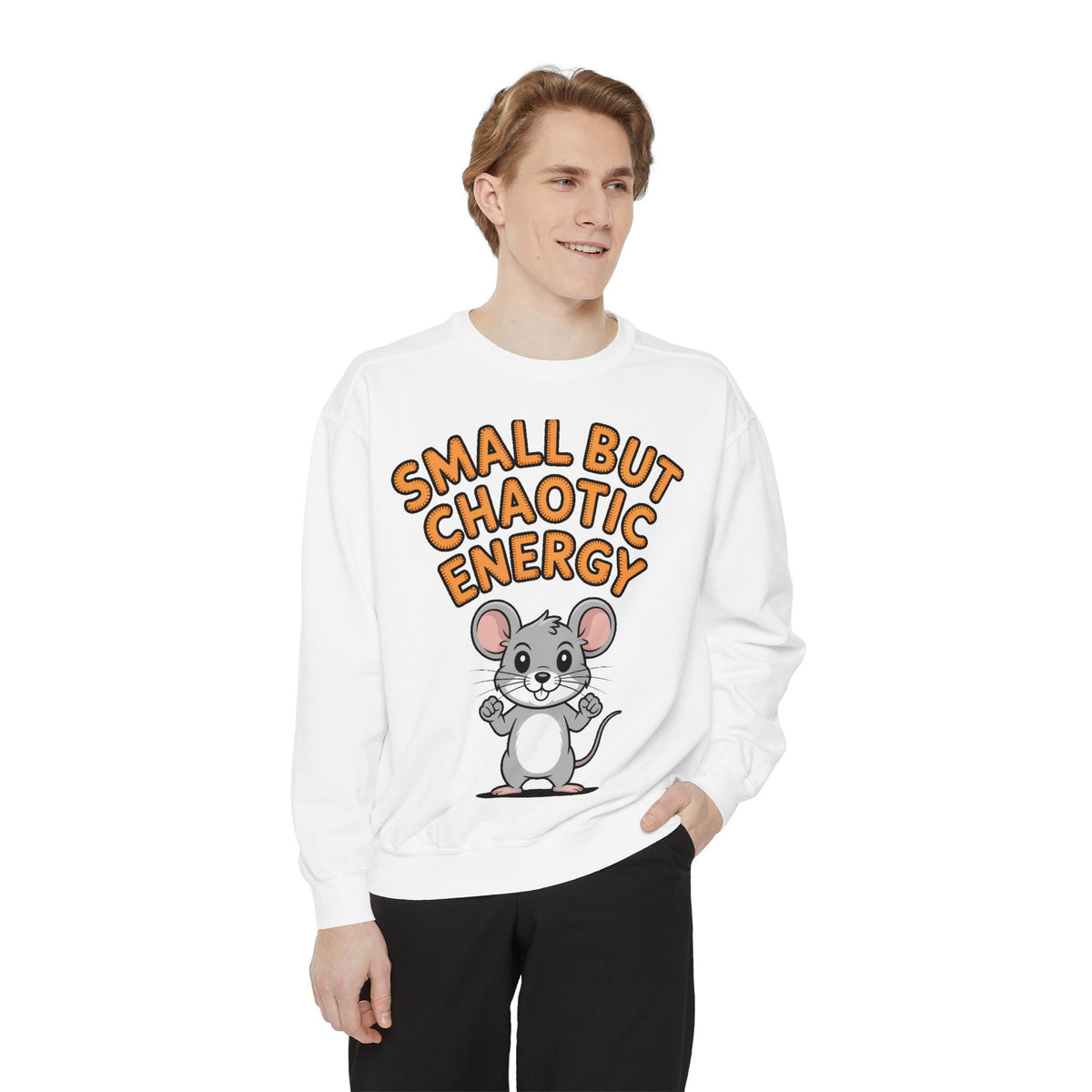 Small But Chaotic Energy Sweatshirt, Funny Mouse Crewneck, Cute Cartoon Mouse Sweatshirt, Embroidered Patch Style Gift