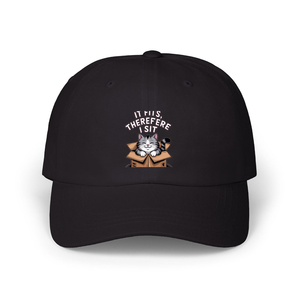 It Fits Therefore I Sit Cat Dad Hat, Funny Cat Lover Embroidered Cap, Cute Chubby Cat In Box Hat, Cat Mom Gift, Sarcastic Cat Cap