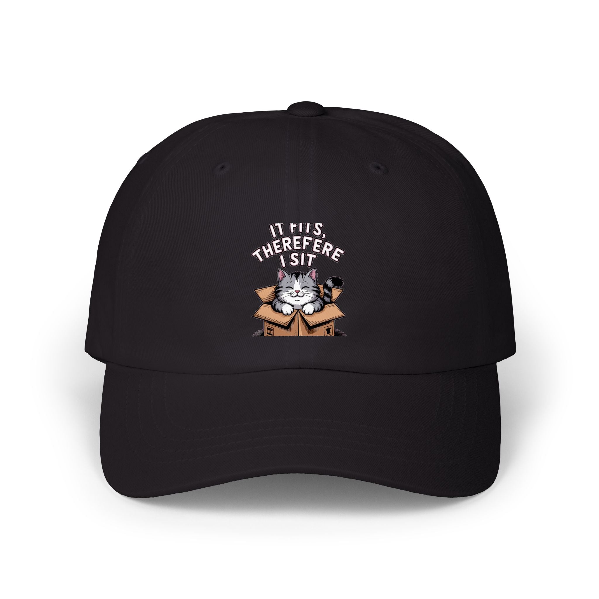 It Fits Therefore I Sit Cat Dad Hat, Funny Cat Lover Embroidered Cap, Cute Chubby Cat In Box Hat, Cat Mom Gift, Sarcastic Cat Cap