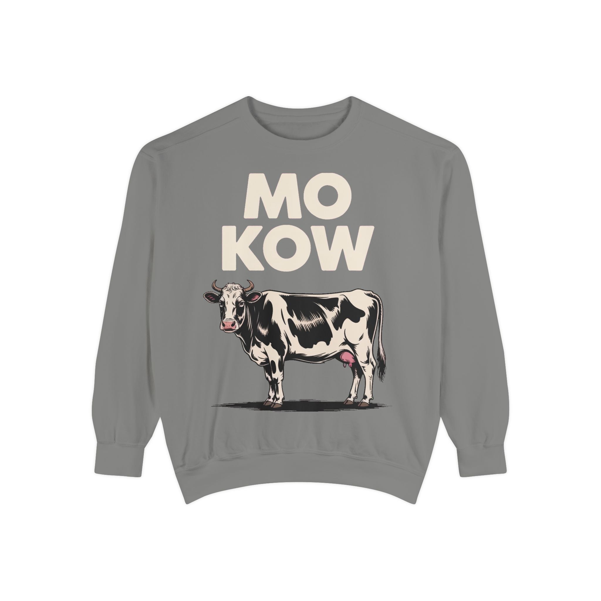 Mo Kow Funny Cow Sweatshirt, Absurd Meme Crewneck, Deadpan Farm Animal Embroidered Sweatshirt, Funny Cow Lover Gift