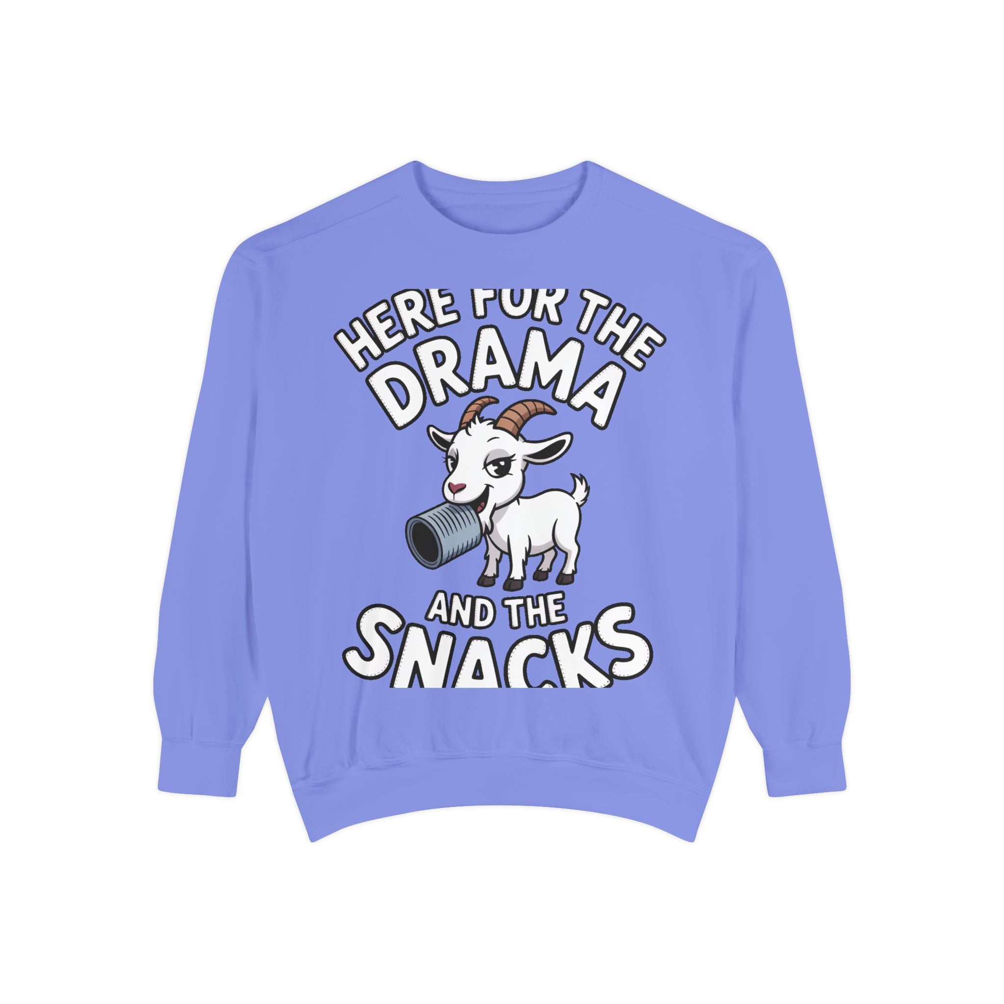 Funny Goat Sweatshirt, Here For The Drama And The Snacks Crewneck, Cute Goat Lover Gift, Embroidered Patch Style Sweatshirt
