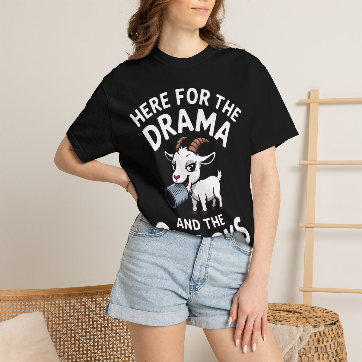 Funny Goat Shirt, Here For The Drama And The Snacks T-Shirt, Cute Goat Lover Gift, Sarcastic Farm Animal Tee