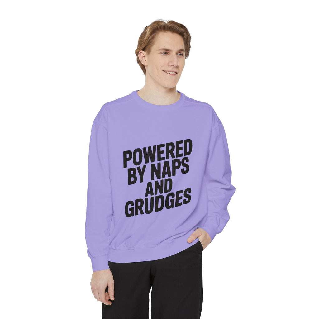 Powered By Naps And Grudges Sweatshirt, Funny Sarcastic Crewneck, Embroidered-Look Graphic Sweatshirt, Sarcasm Lover Gift