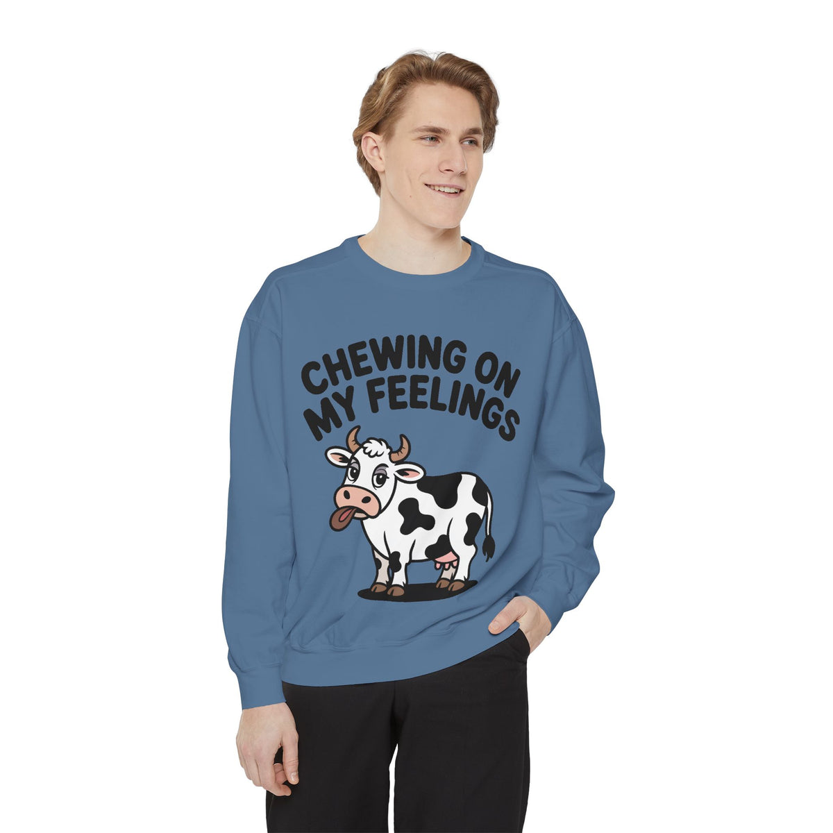Chewing On My Feelings Sweatshirt, Funny Cow Crewneck, Cute Cow Lover Gift, Embroidered Style Cow Sweatshirt, Funny Farm Animal Shirt