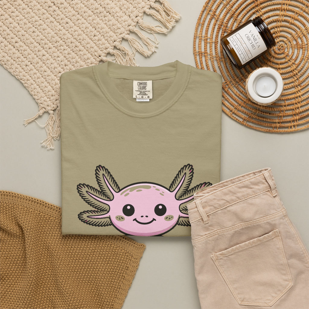 Cute Axolotl Shirt, Smiling Axolotl T-Shirt, Kawaii Axolotl Lover Gift, Garment Dyed Unisex Tee