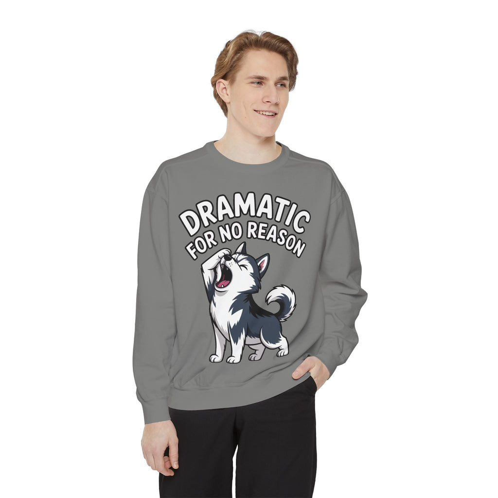 Dramatic Husky Sweatshirt, Funny Dog Lover Crewneck, Cute Cartoon Husky Embroidered Patch Style Sweatshirt, Gift for Husky Mom