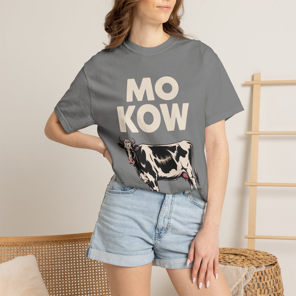 Mo Kow Funny Cow Shirt, Absurd Meme T-Shirt, Deadpan Farm Animal Tee, Weird Cow Lover Gift, Funny Misspelled Label Shirt
