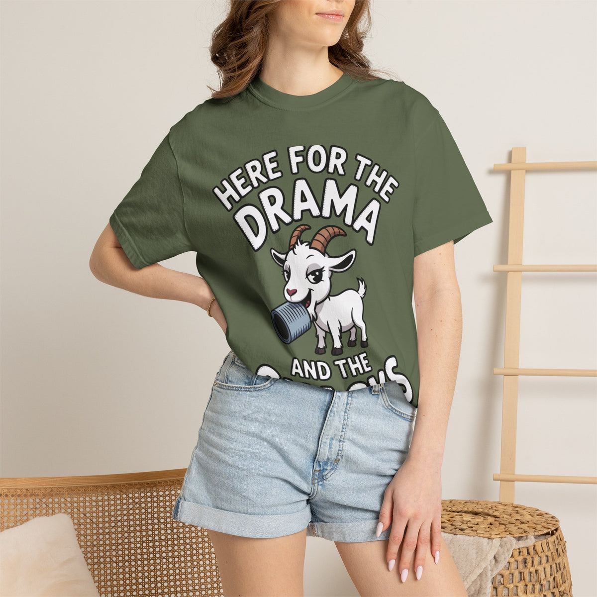 Funny Goat Shirt, Here For The Drama And The Snacks T-Shirt, Cute Goat Lover Gift, Sarcastic Farm Animal Tee