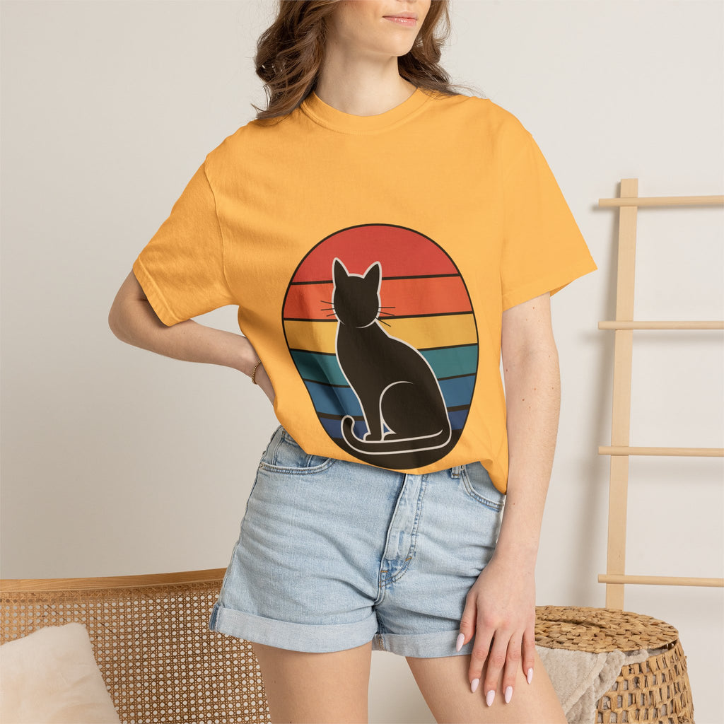 Retro Sunset Cat Badge T-Shirt
