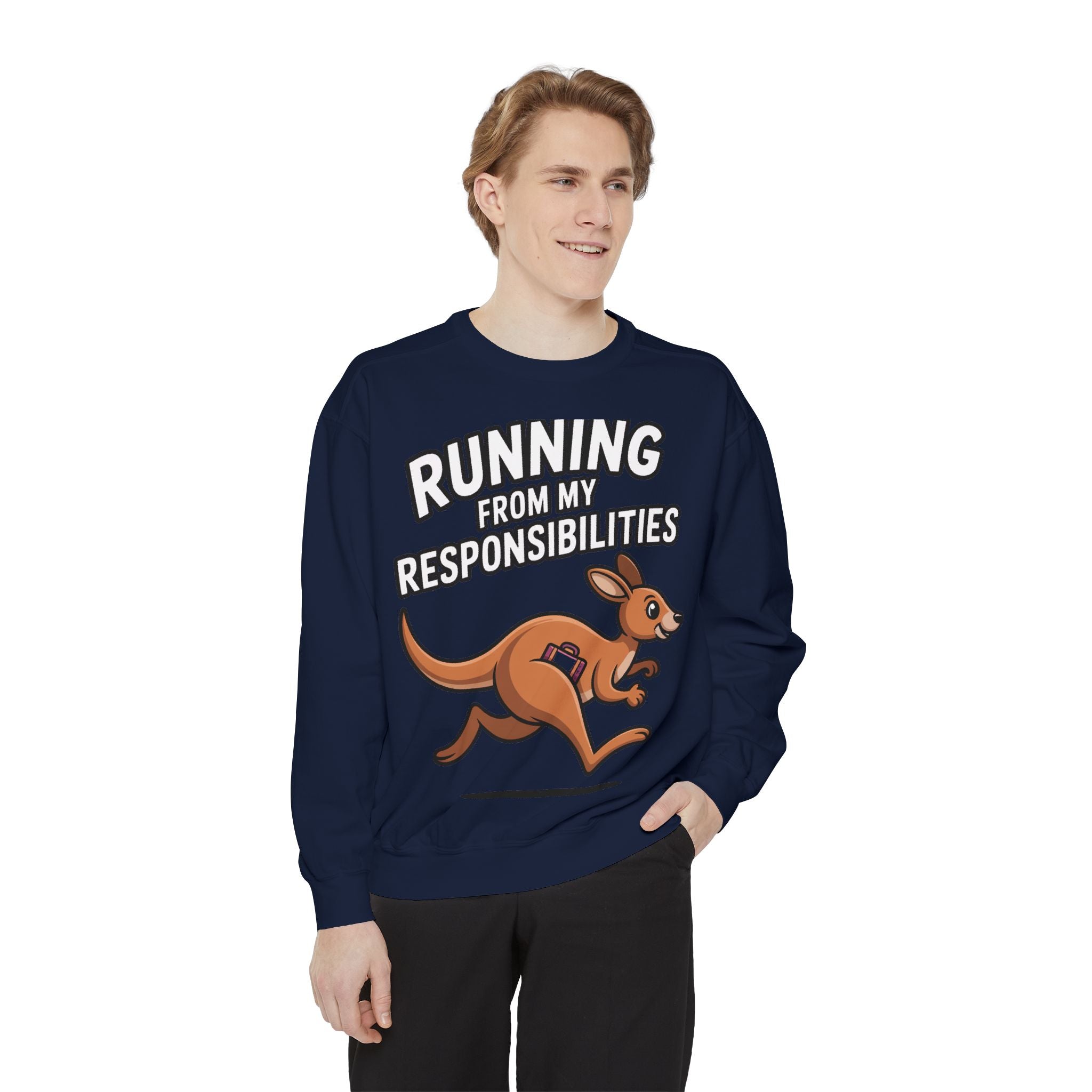 Running From My Responsibilities Sweatshirt, Funny Kangaroo Crewneck, Adulting Humor Gift, Cute Cartoon Animal Sweatshirt