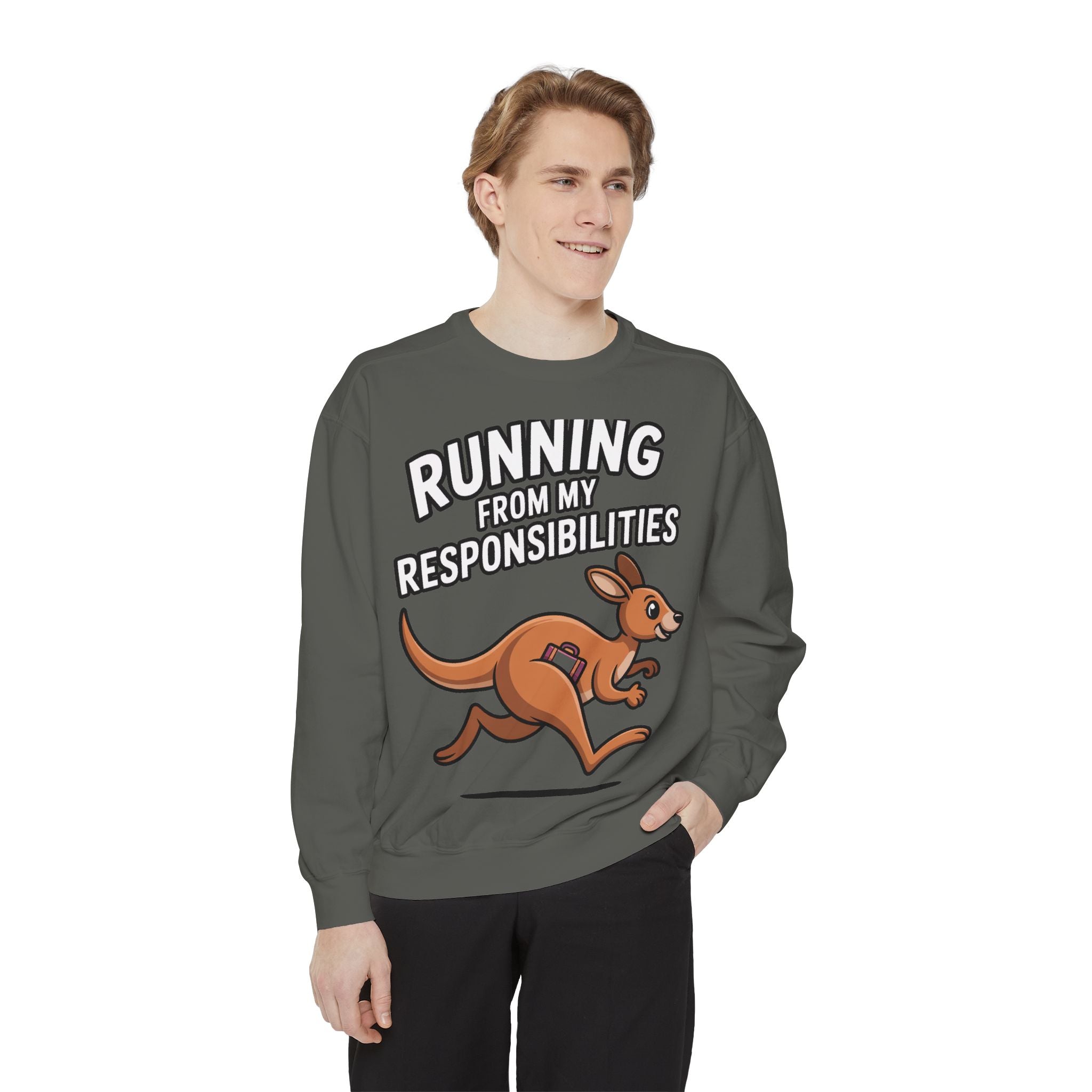 Running From My Responsibilities Sweatshirt, Funny Kangaroo Crewneck, Adulting Humor Gift, Cute Cartoon Animal Sweatshirt