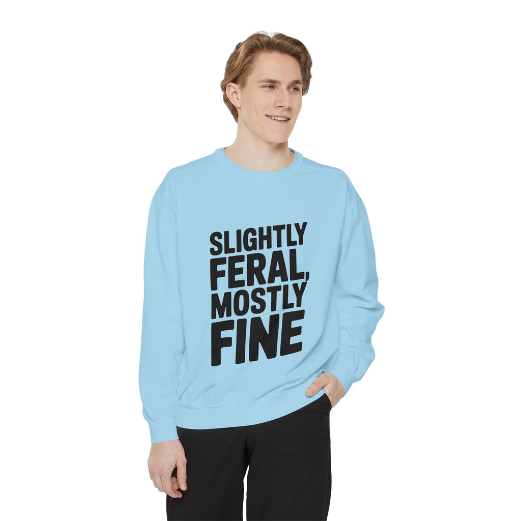 Slightly Feral Mostly Fine Sweatshirt, Funny Embroidered Crewneck, Sarcastic Quote Sweatshirt, Minimalist Text Gift for Her