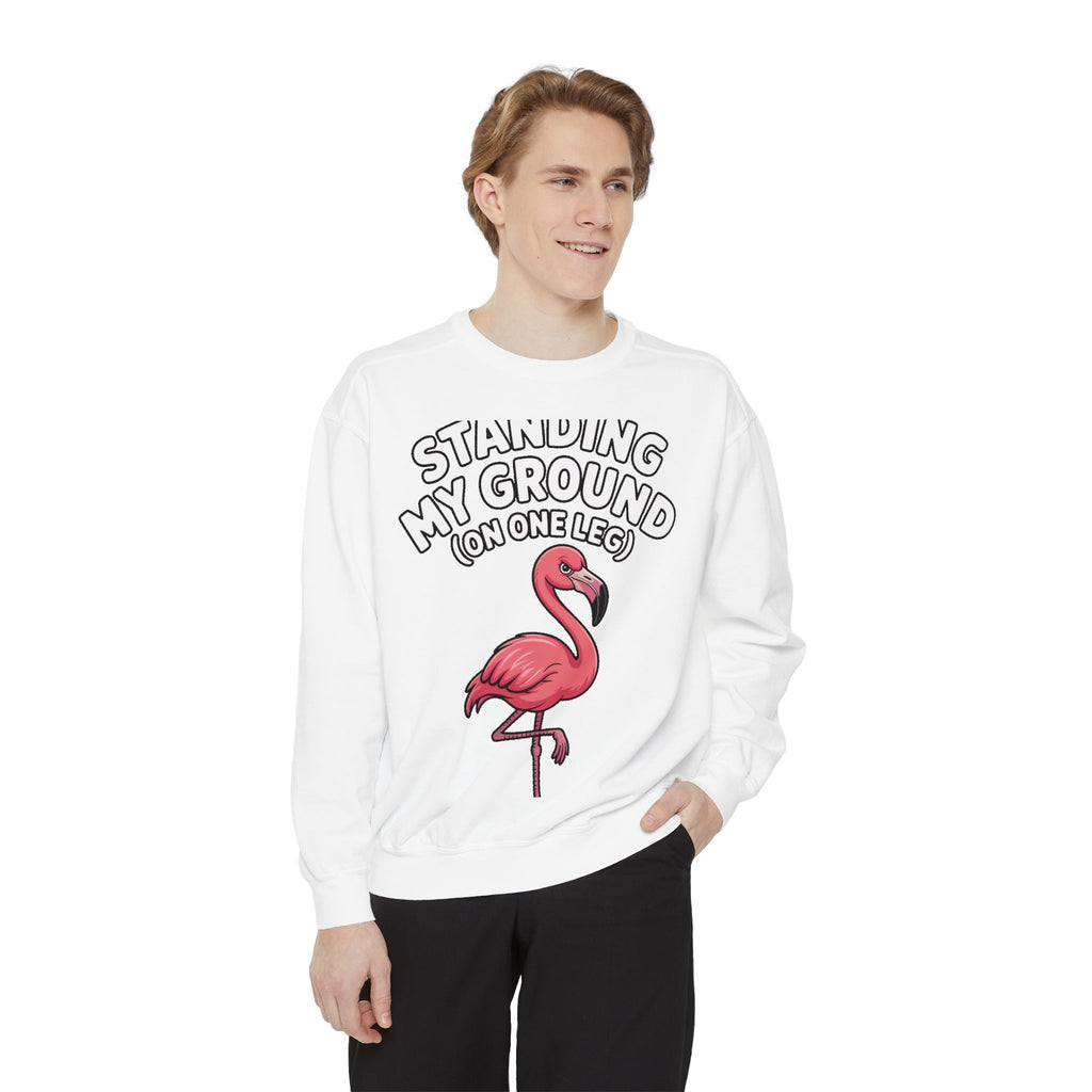 Standing My Ground Flamingo Sweatshirt, Funny One Leg Flamingo Crewneck, Sassy Bird Lover Gift, Embroidered Patch Style Sweatshirt