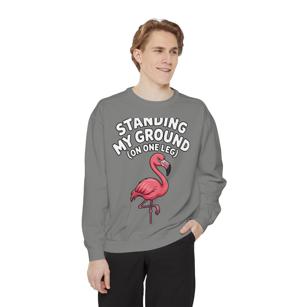 Standing My Ground Flamingo Sweatshirt, Funny One Leg Flamingo Crewneck, Sassy Bird Lover Gift, Embroidered Patch Style Sweatshirt