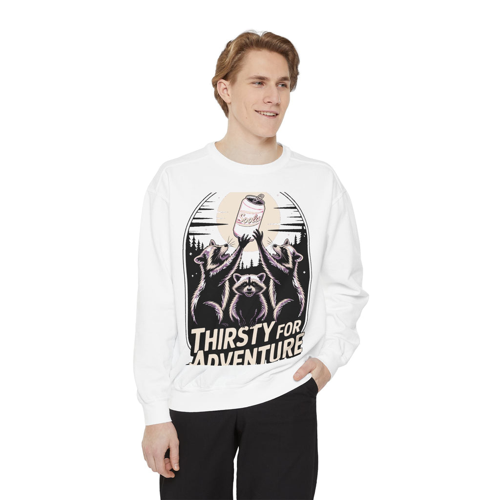 Thirsty For Adventure Raccoons Sweatshirt, Funny Vintage Poster Crewneck, Retro Raccoon Graphic Sweatshirt Gift