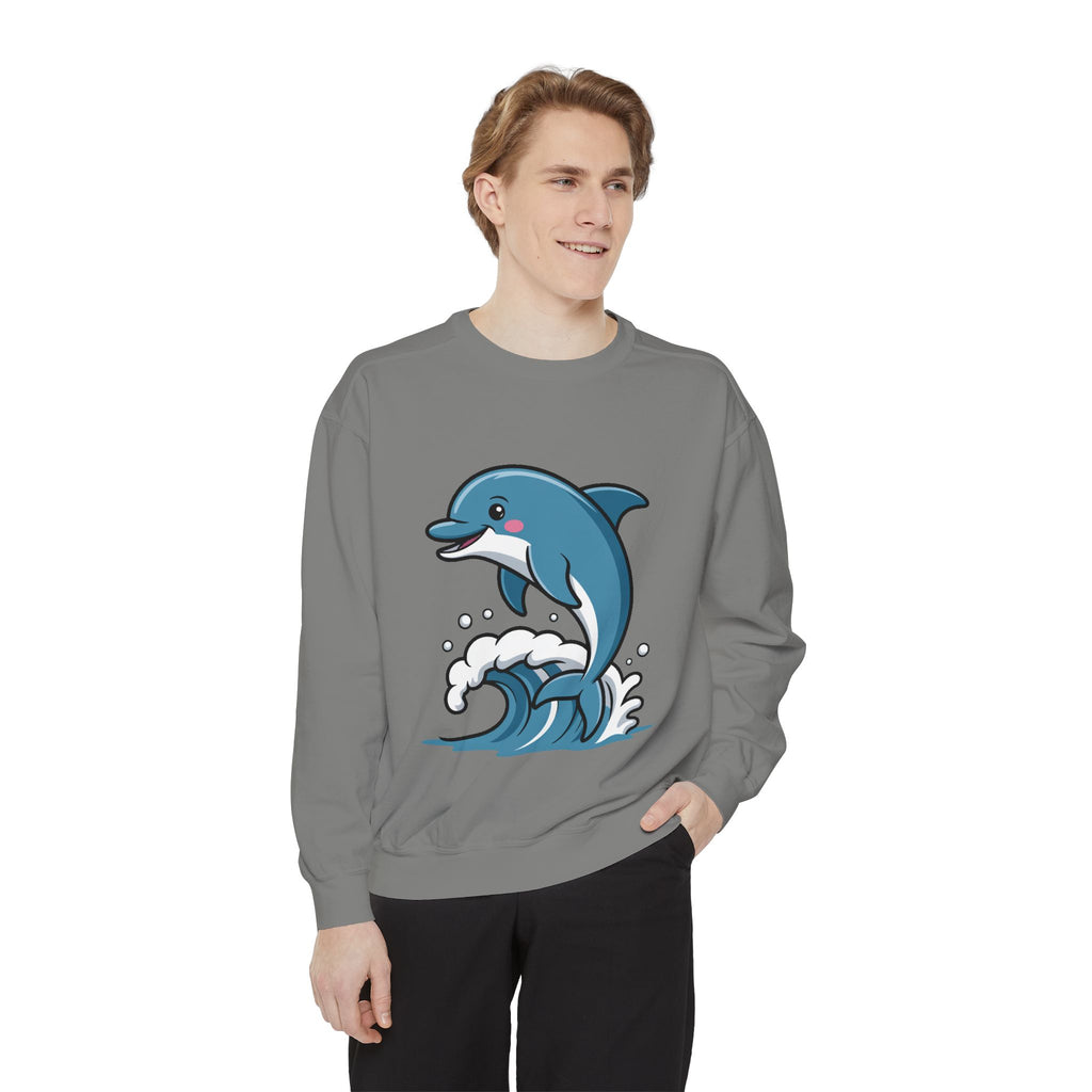 Cute Dolphin Sweatshirt, Embroidered Wave Crewneck, Ocean Lover Gift, Garment Dyed Beach Sweatshirt for Women Men