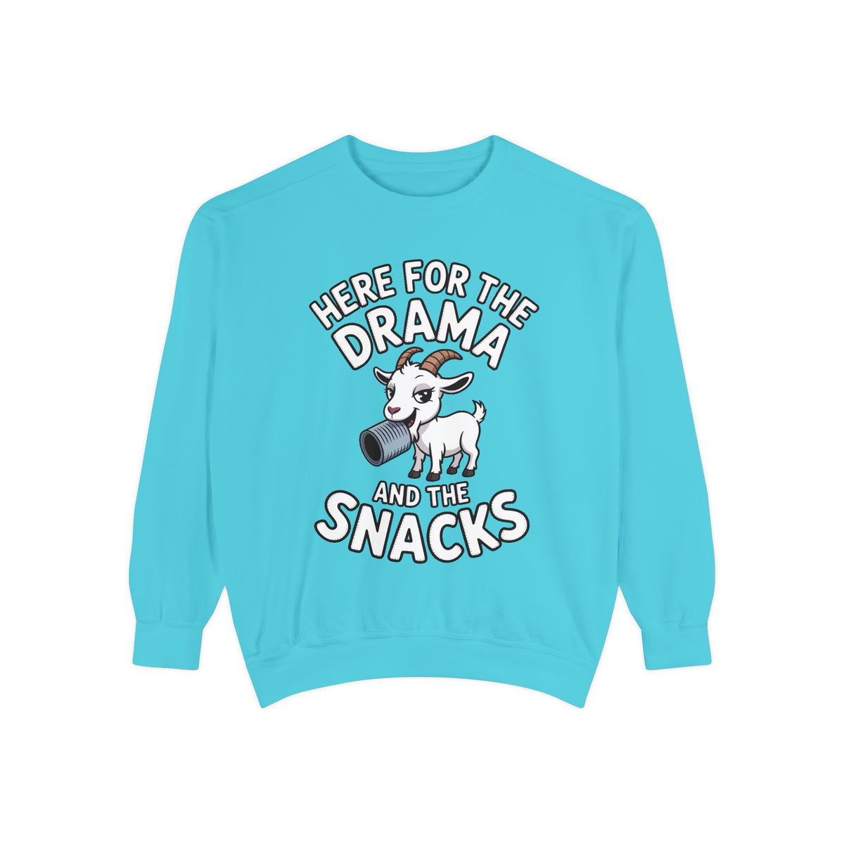 Funny Goat Sweatshirt, Here For The Drama And The Snacks Crewneck, Cute Goat Lover Gift, Embroidered Patch Style Sweatshirt
