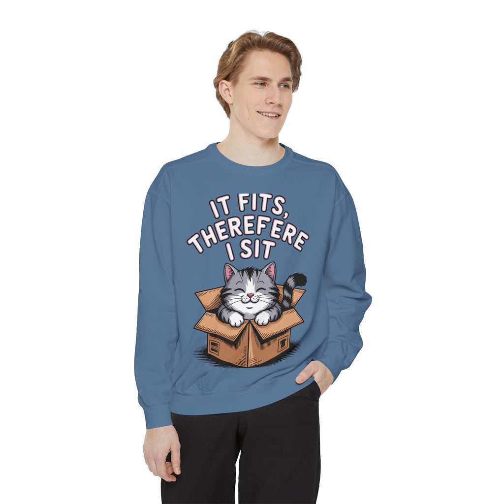 Funny Cat Sweatshirt, It Fits Therefore I Sit Crewneck, Cat In Box Embroidered Sweatshirt, Cat Lover Gift, Funny Cat Lover Sweater