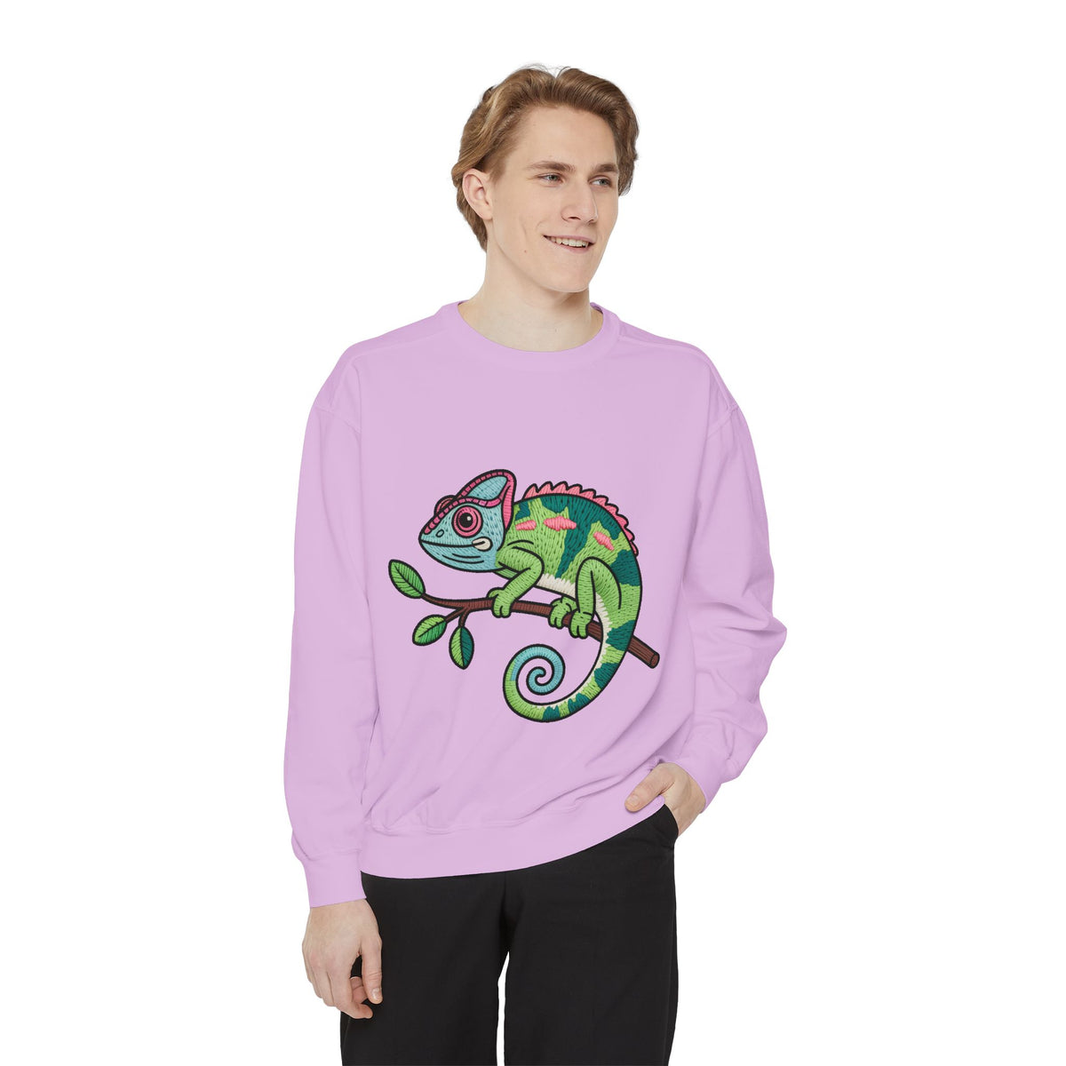 Chameleon Sweatshirt, Cute Embroidered Patch Style Crewneck, Reptile Lover Gift, Garment Dyed Sweatshirt for Nature Lovers