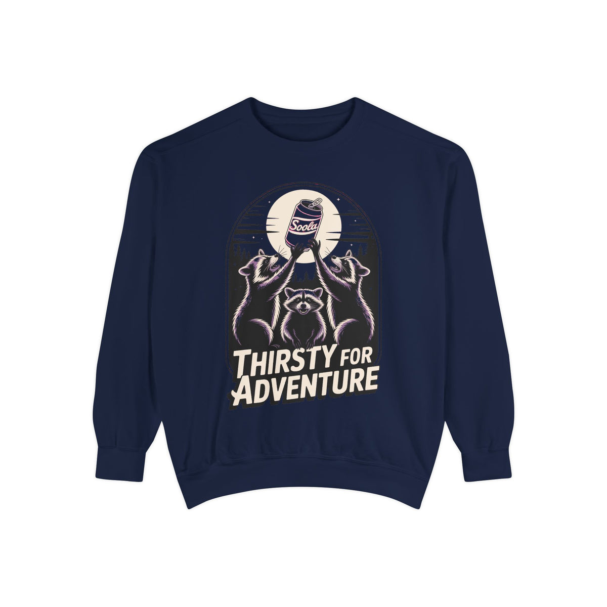 Thirsty For Adventure Raccoons Sweatshirt, Funny Vintage Poster Crewneck, Retro Raccoon Graphic Sweatshirt Gift